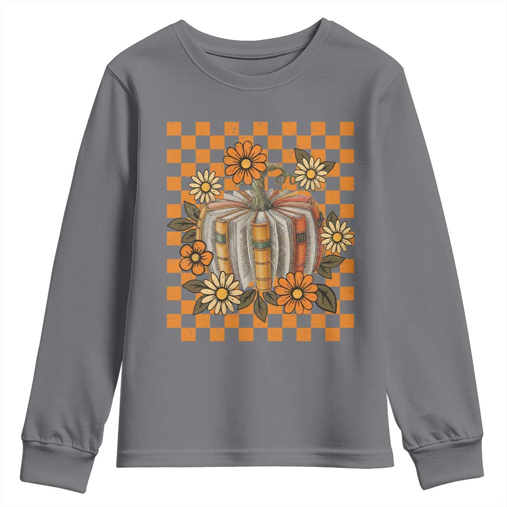 Book Pumpkin Youth Sweatshirt Fall Halloween Book Lover Bookish Gift TS10 Charcoal Print Your Wear