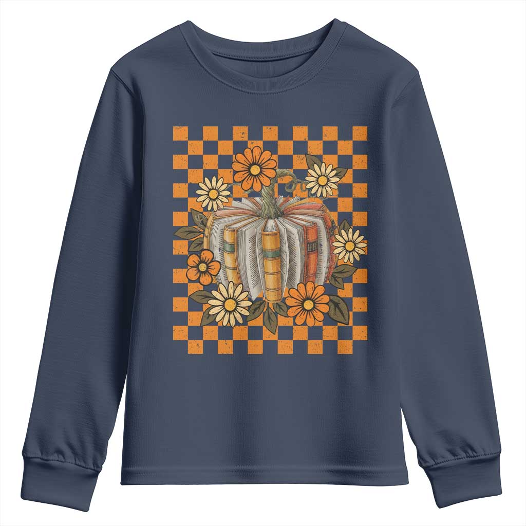 Book Pumpkin Youth Sweatshirt Fall Halloween Book Lover Bookish Gift TS10 Navy Print Your Wear