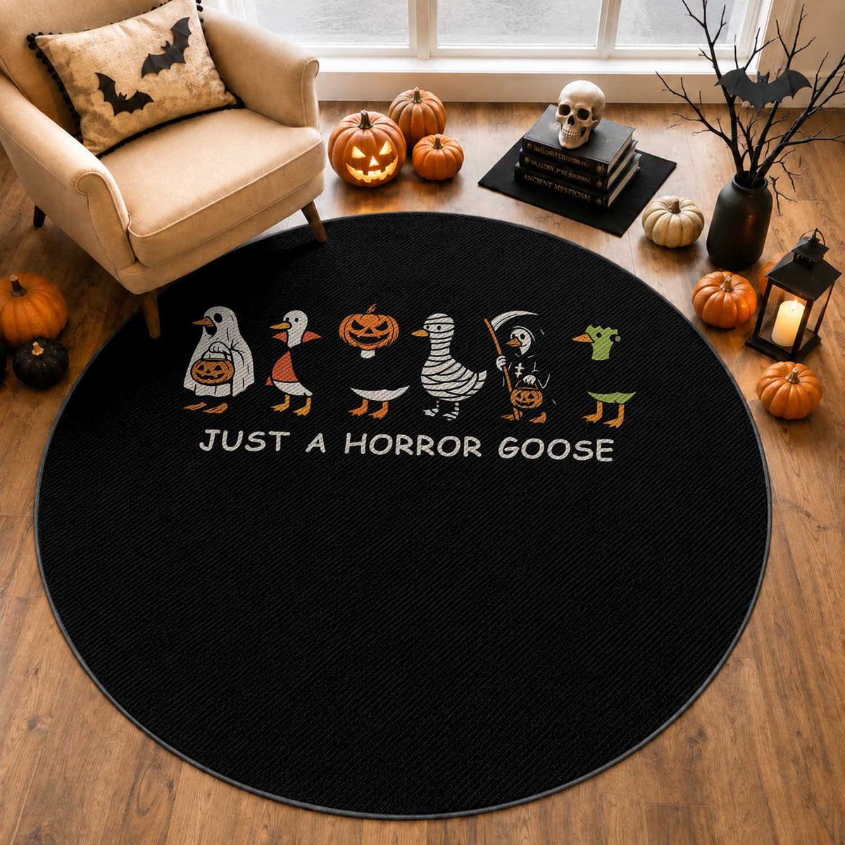 Halloween Funny Goose Round Rug Spooky Season 90s Horror Movie