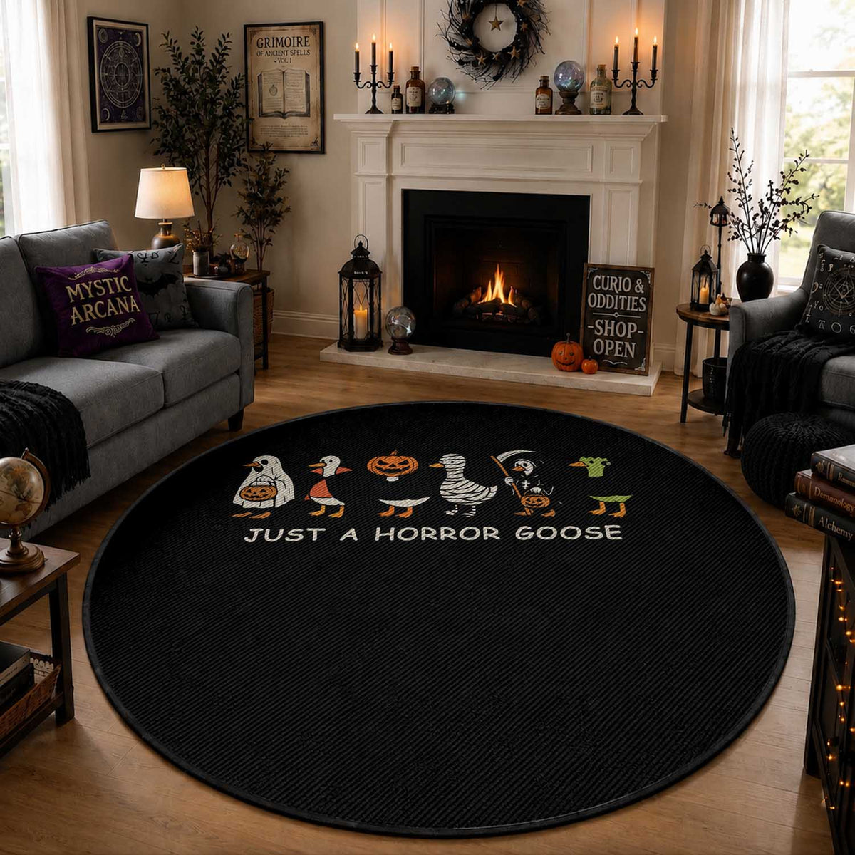 Halloween Funny Goose Round Rug Spooky Season 90s Horror Movie