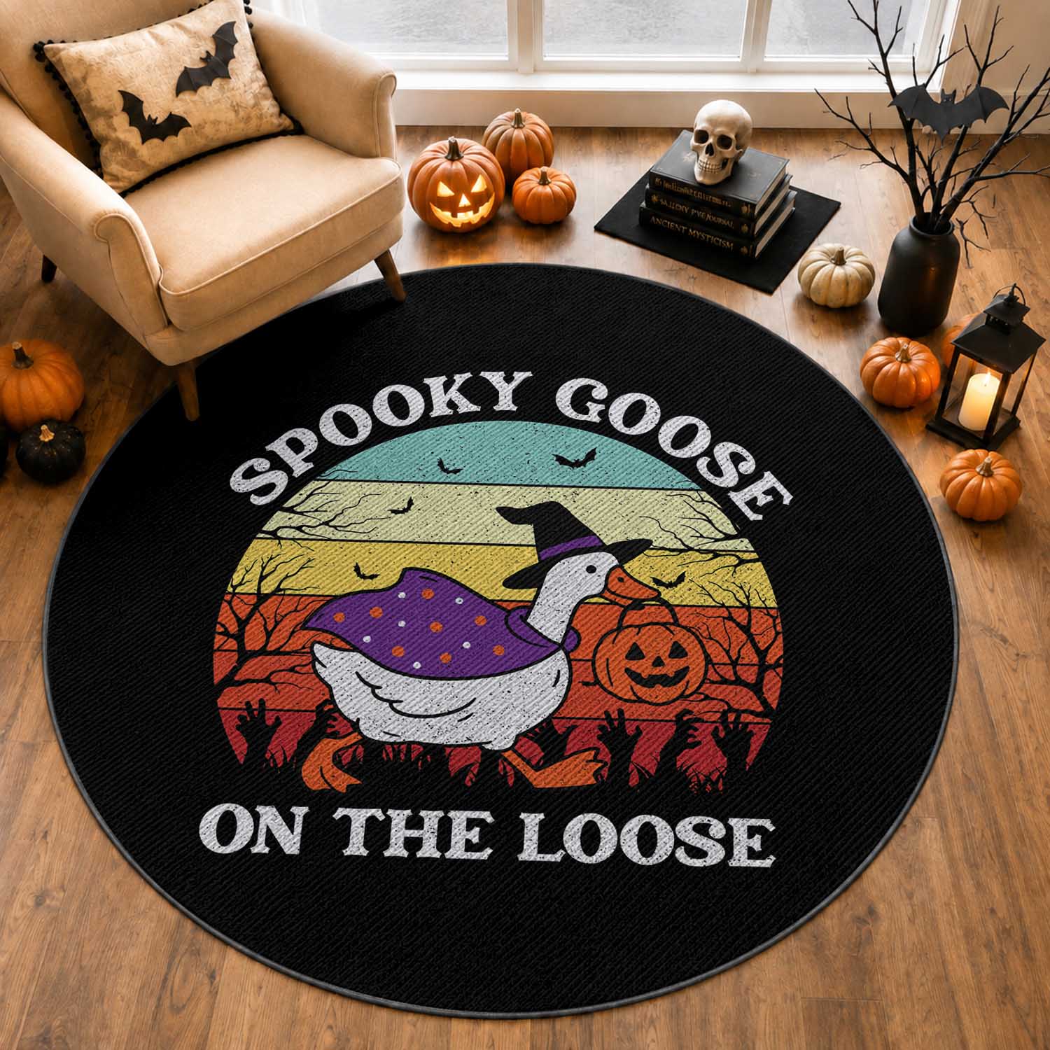 Witchy Silly Goose Round Rug Retro Girly Halloween Spooky Goose Lover