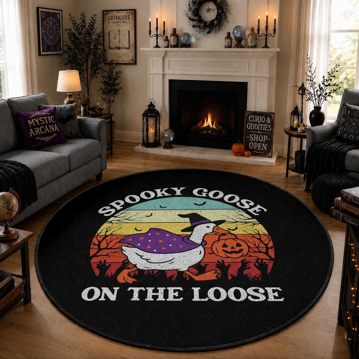Witchy Silly Goose Round Rug Retro Girly Halloween Spooky Goose Lover