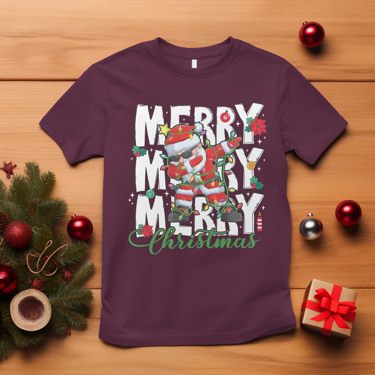 Merry Christmas Santa T Shirt Dabbing Santa Xmas Lights TS10 Maroon Print Your Wear