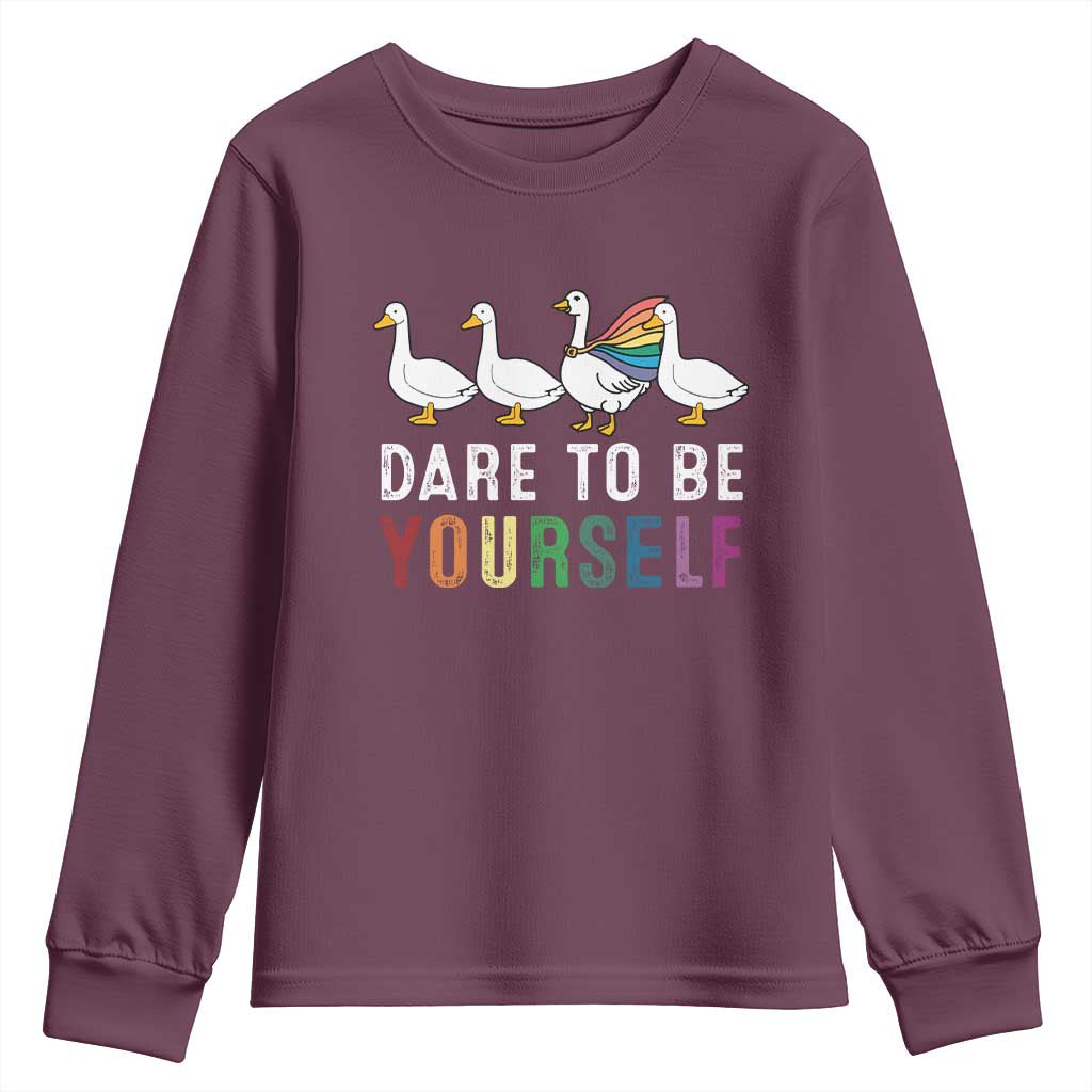 Rainbow Goose Dare to Be Yourself LGBTQ Pride Youth Sweatshirt TS10 Maroon Print Your Wear