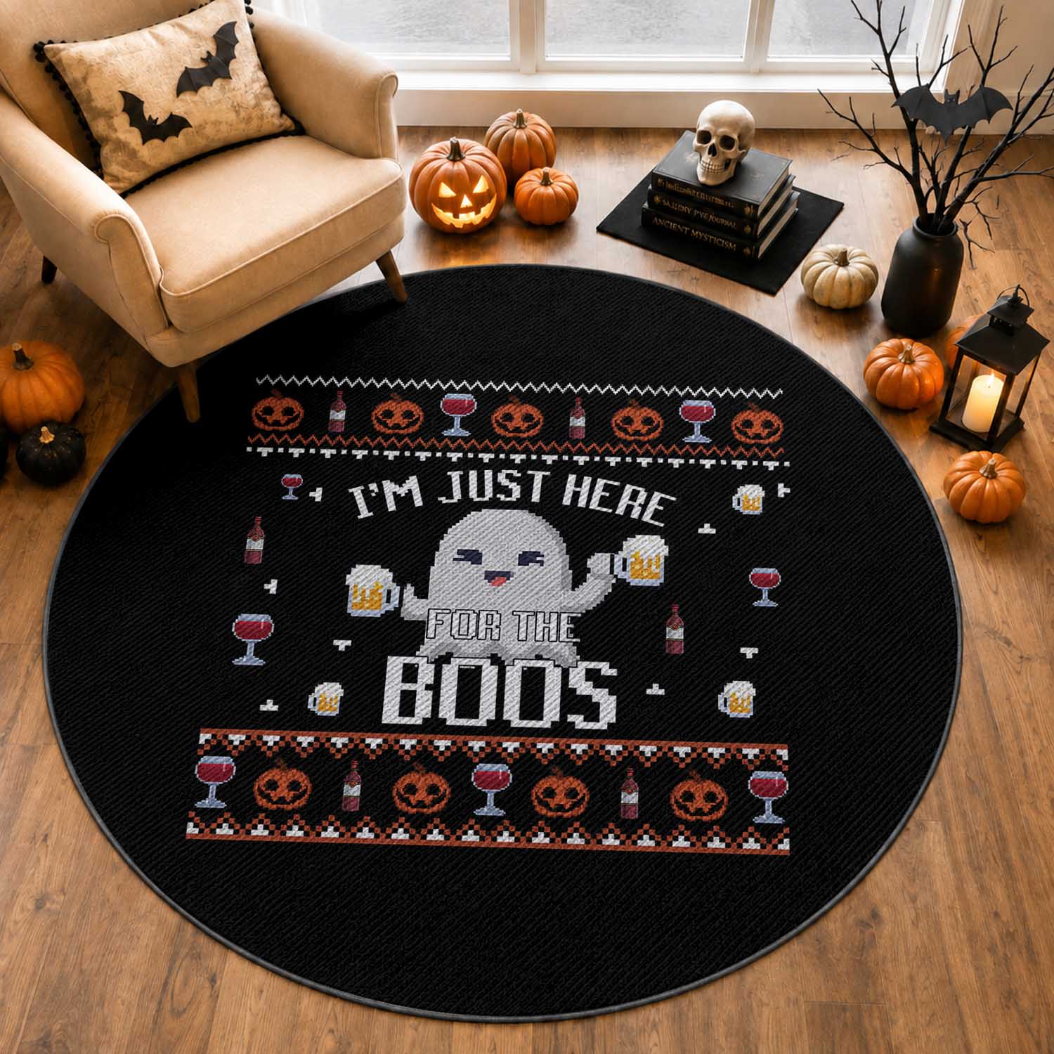 Im Just Here for the Boos Funny Gift Halloween Ghost with Beer Round Rug Ugly Halloween Sweater