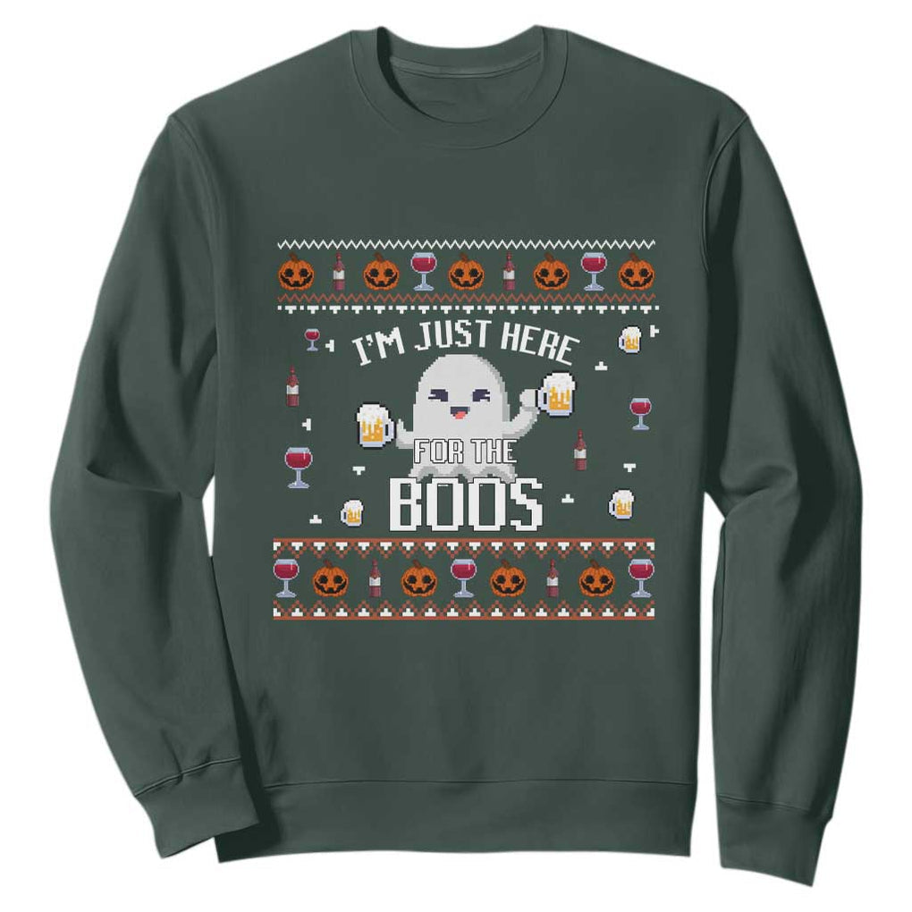 Im Just Here for the Boos Funny Gift Halloween Ghost with Beer Sweatshirt Ugly Halloween Sweater TS10 Dark Forest Green Print Your Wear