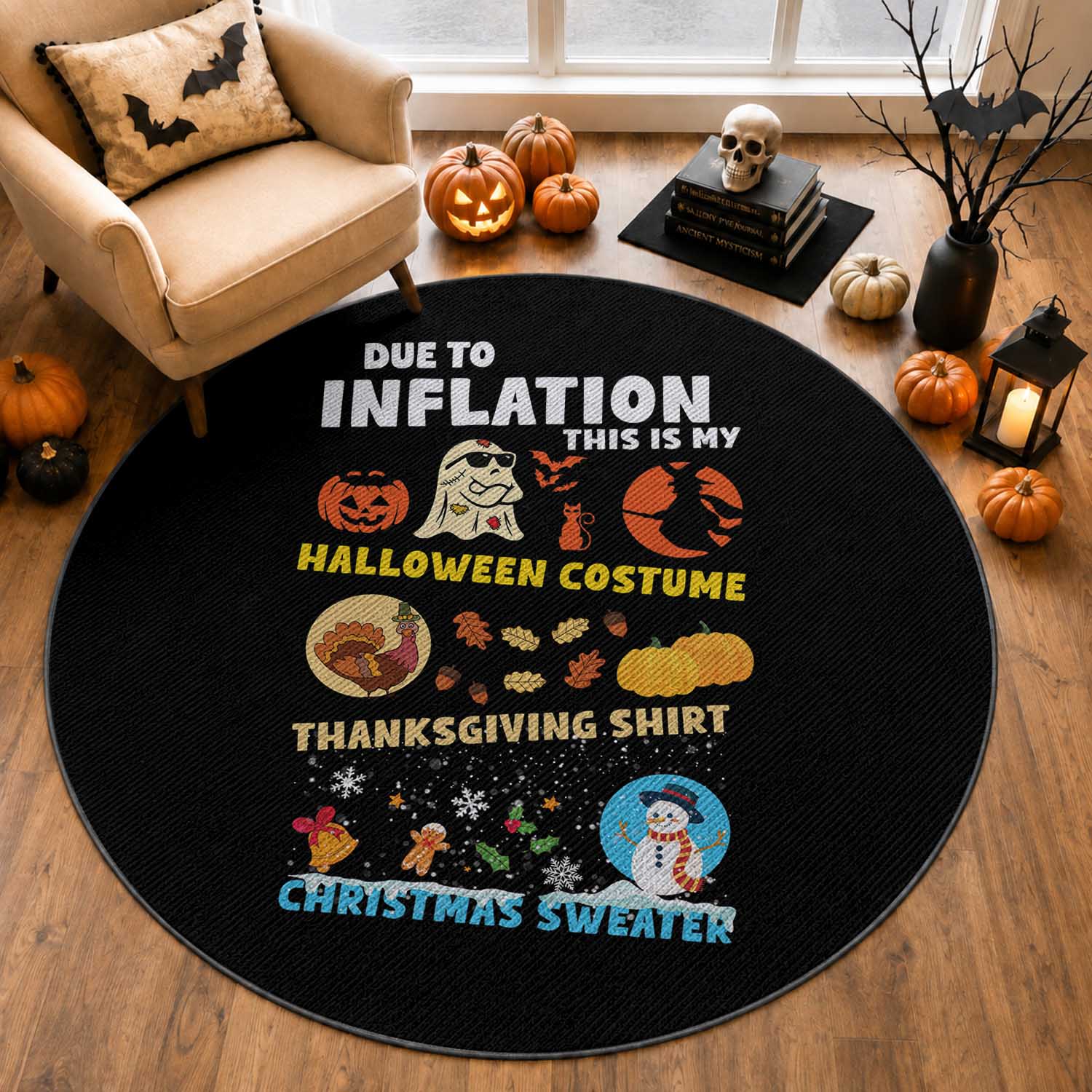 Happy Hallothanksmas Round Rug My Spooky Halloween Thanksgiving Ugly Christmas Costume