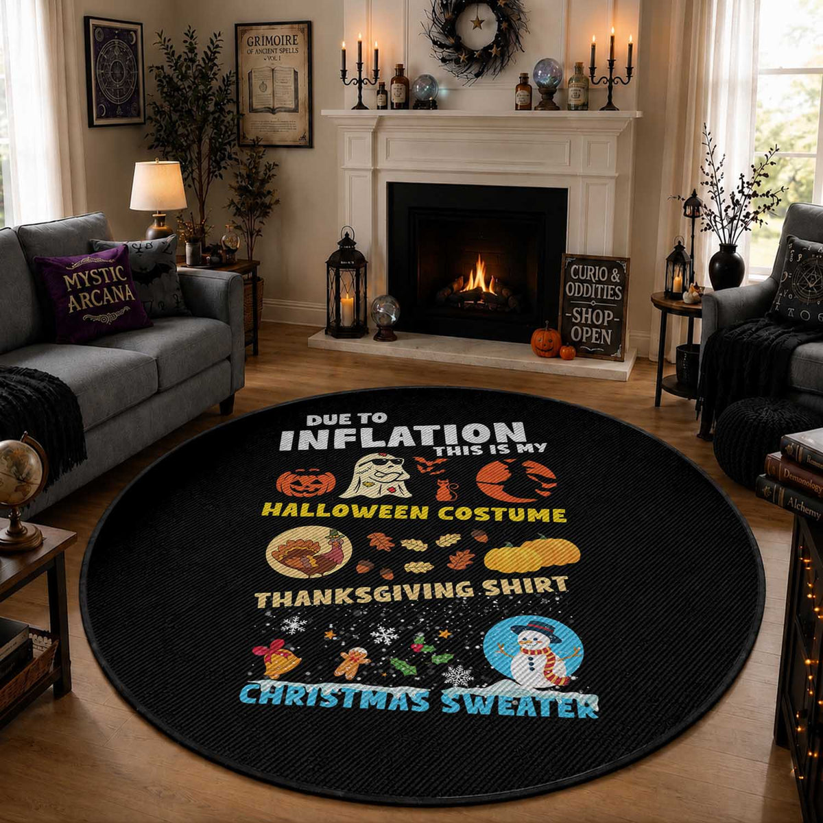 Happy Hallothanksmas Round Rug My Spooky Halloween Thanksgiving Ugly Christmas Costume