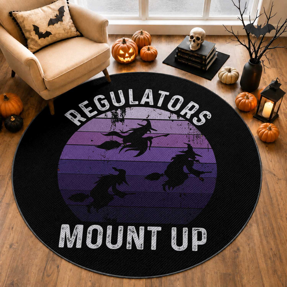 Funny Halloween Witch Round Rug Regulators Mount Up Witchy Vibes