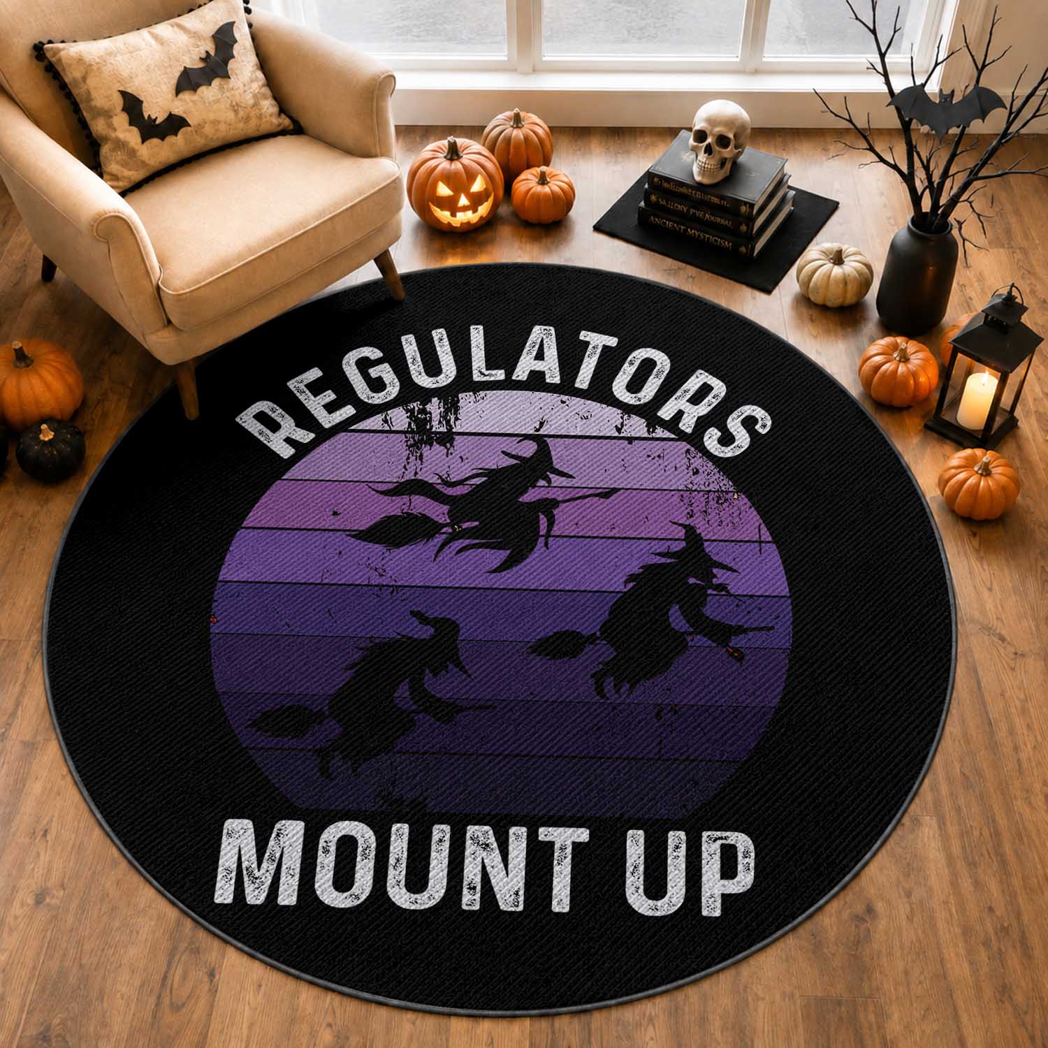 Funny Halloween Witch Round Rug Regulators Mount Up Witchy Vibes