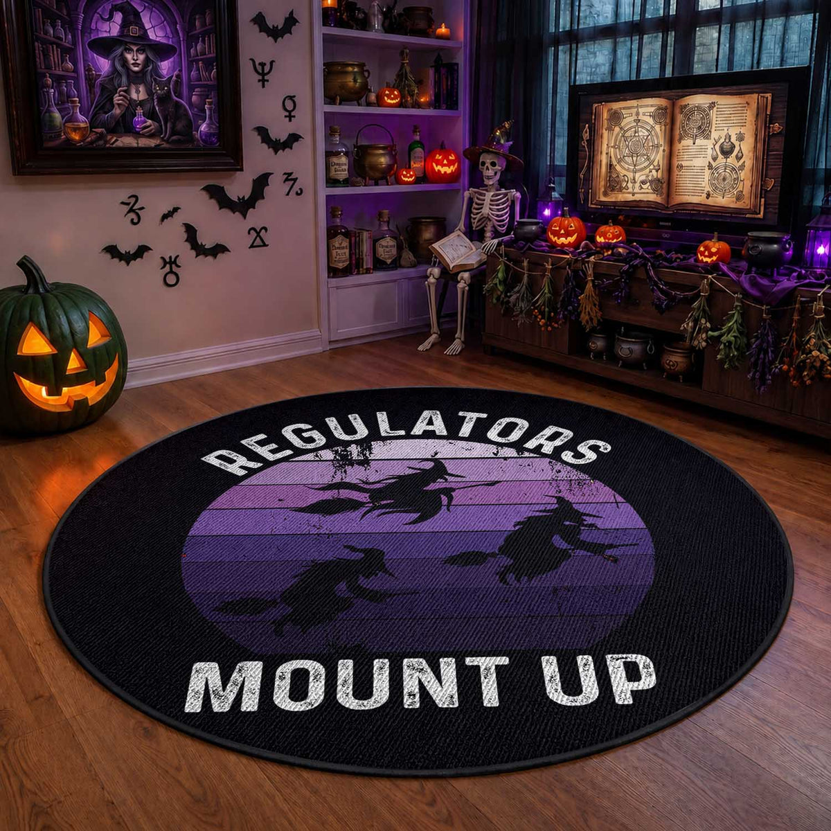 Funny Halloween Witch Round Rug Regulators Mount Up Witchy Vibes