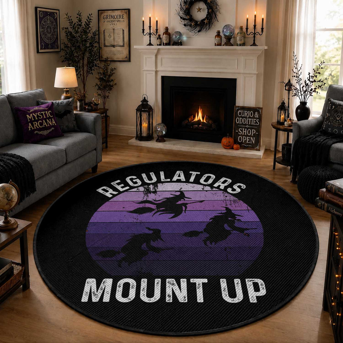 Funny Halloween Witch Round Rug Regulators Mount Up Witchy Vibes