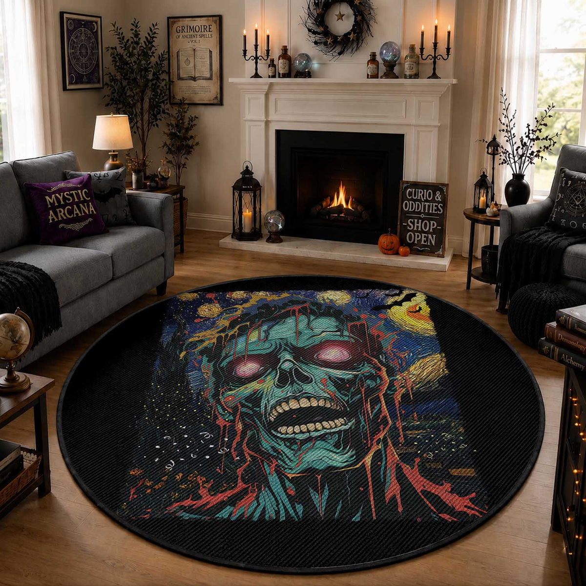 Horror Halloween Skull Round Rug Van Gogh Starry Night