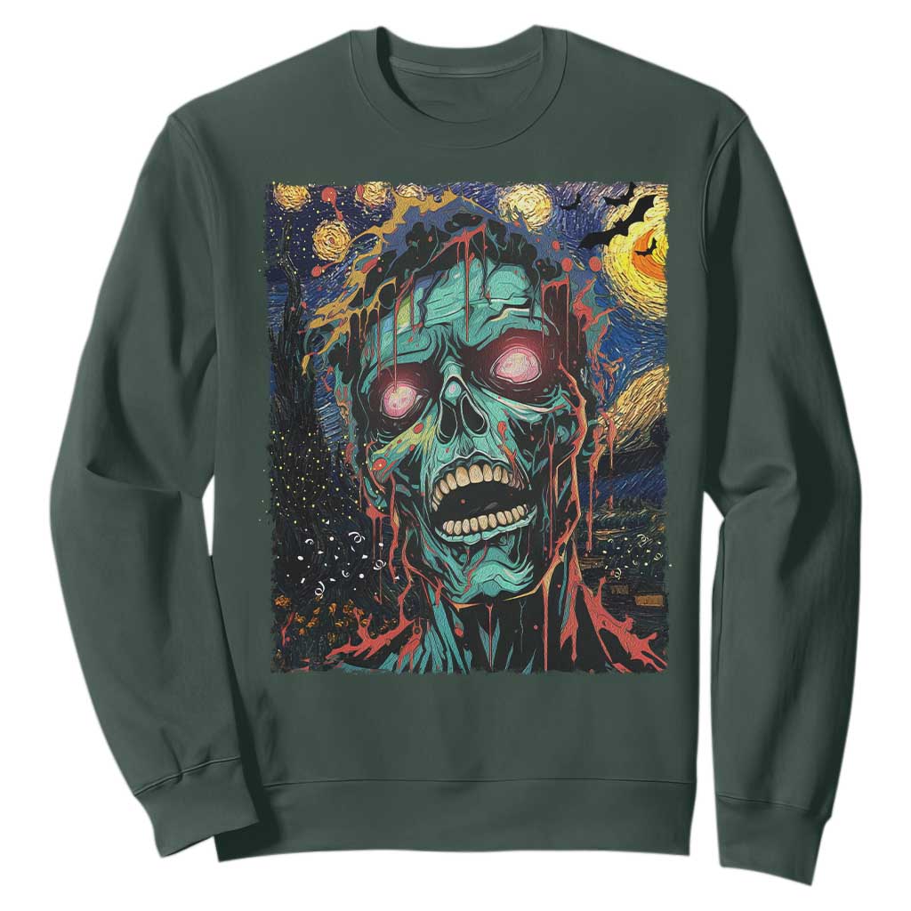 Horror Halloween Skull Sweatshirt Van Gogh Starry Night TS10 Dark Forest Green Print Your Wear