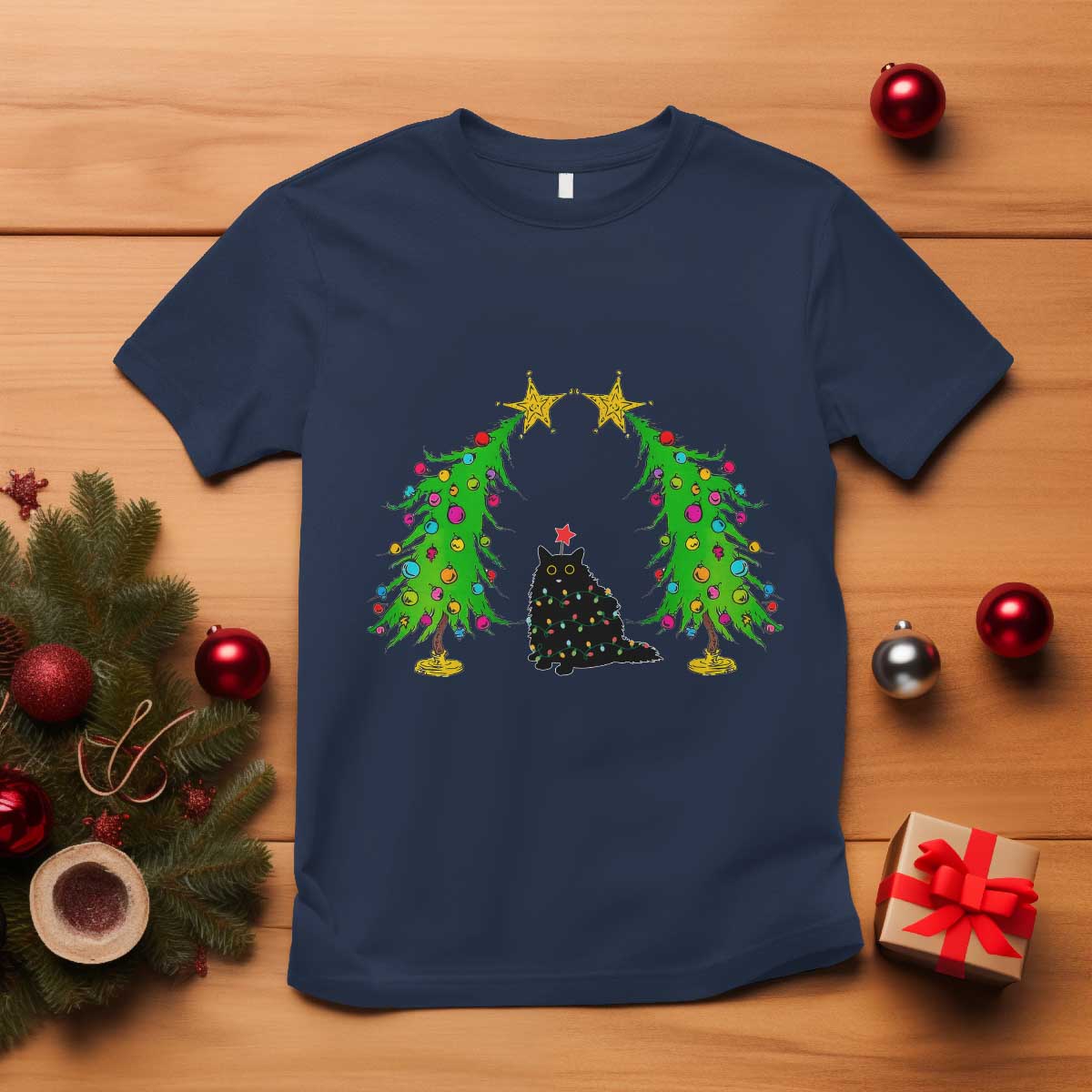 Cute Cat Christmas T Shirt Kitty Cat Lover Xmas Tree Lights TS10 Navy Print Your Wear