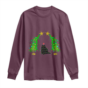 Cute Cat Christmas Long Sleeve Shirt Kitty Cat Lover Xmas Tree Lights TS10 Maroon Print Your Wear