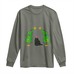 Cute Cat Christmas Long Sleeve Shirt Kitty Cat Lover Xmas Tree Lights TS10 Military Green Print Your Wear