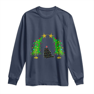 Cute Cat Christmas Long Sleeve Shirt Kitty Cat Lover Xmas Tree Lights TS10 Navy Print Your Wear