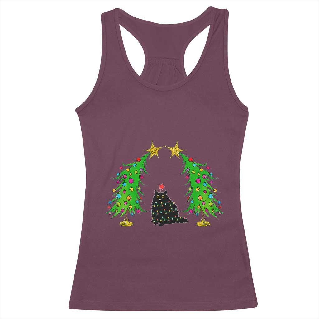 Cute Cat Christmas Racerback Tank Top Kitty Cat Lover Xmas Tree Lights TS10 Maroon Print Your Wear