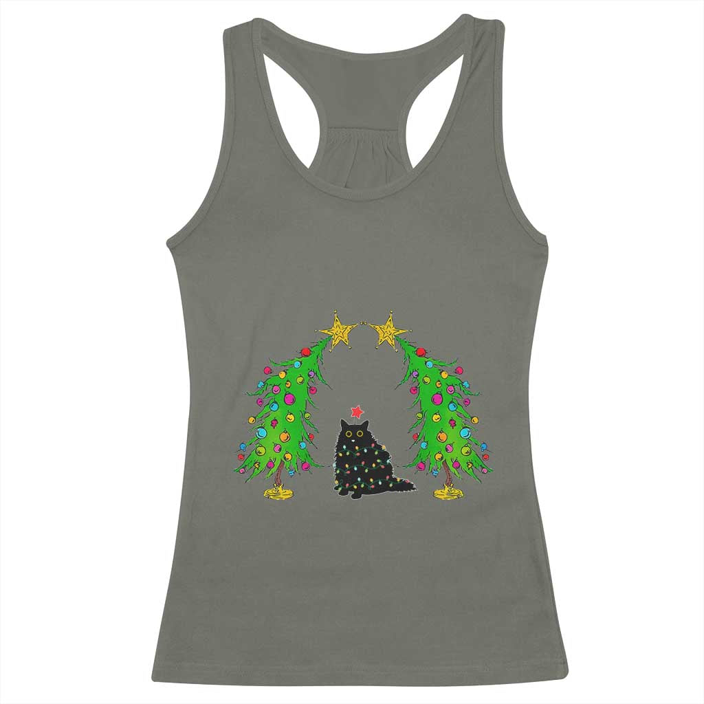 Cute Cat Christmas Racerback Tank Top Kitty Cat Lover Xmas Tree Lights TS10 Military Green Print Your Wear