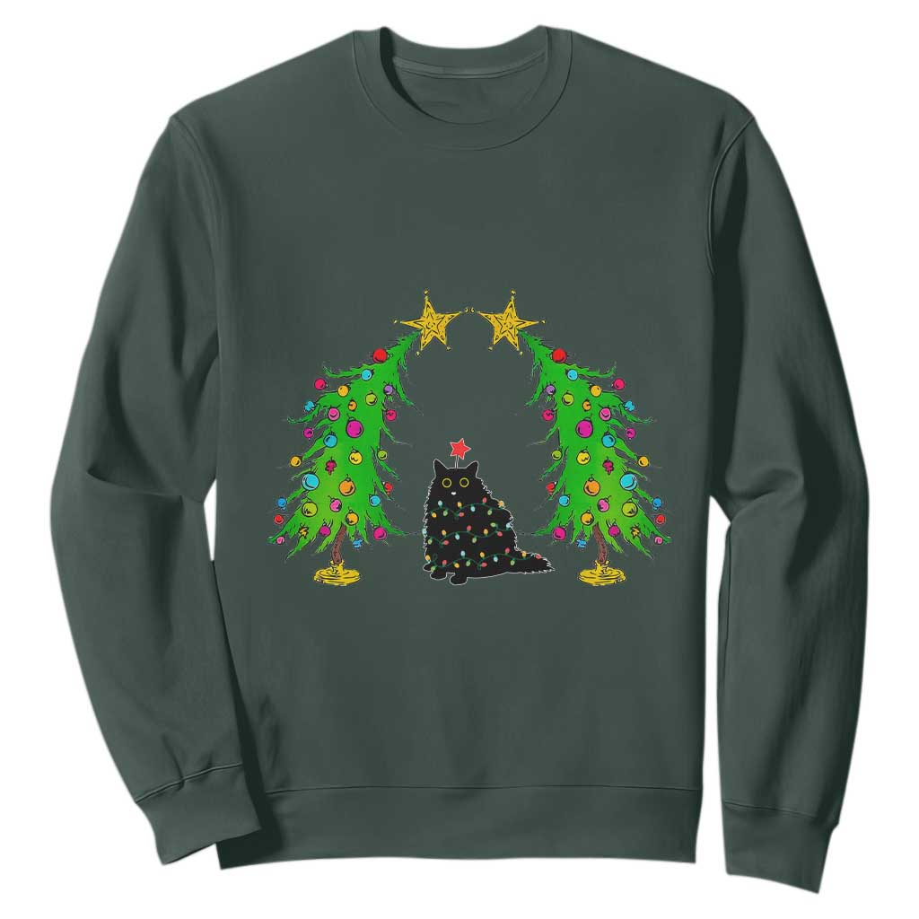 Cute Cat Christmas Sweatshirt Kitty Cat Lover Xmas Tree Lights TS10 Dark Forest Green Print Your Wear