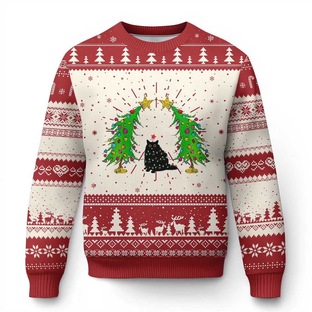 Cute Cat Ugly Christmas Sweater Kitty Cat Lover Xmas Tree Lights TS10 Red Print Your Wear