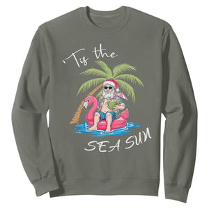 Hawaiian Christmas Santa Sweatshirt Tis The Sea Sun Beach Hawaii Xmas Tropical Xmas TS10 Military Green Print Your Wear