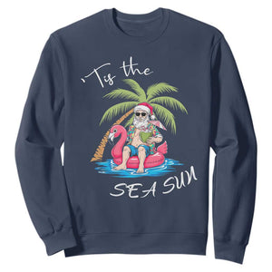 Hawaiian Christmas Santa Sweatshirt Tis The Sea Sun Beach Hawaii Xmas Tropical Xmas TS10 Navy Print Your Wear