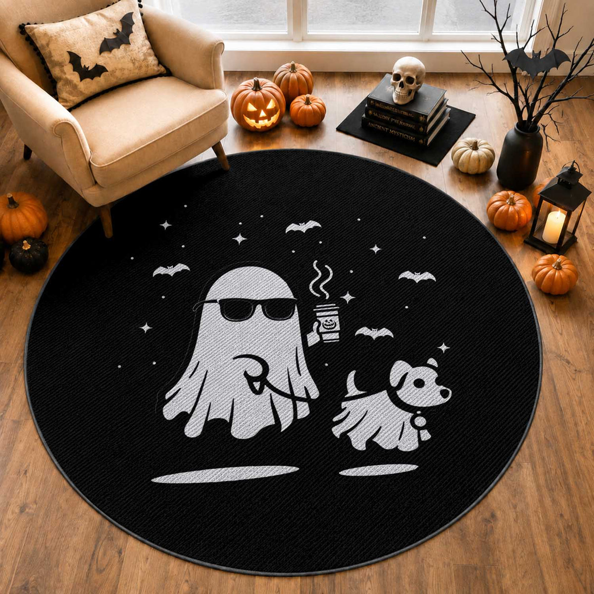 Halloween Ghost Dog Round Rug Retro Spooky Season Boo Sheet