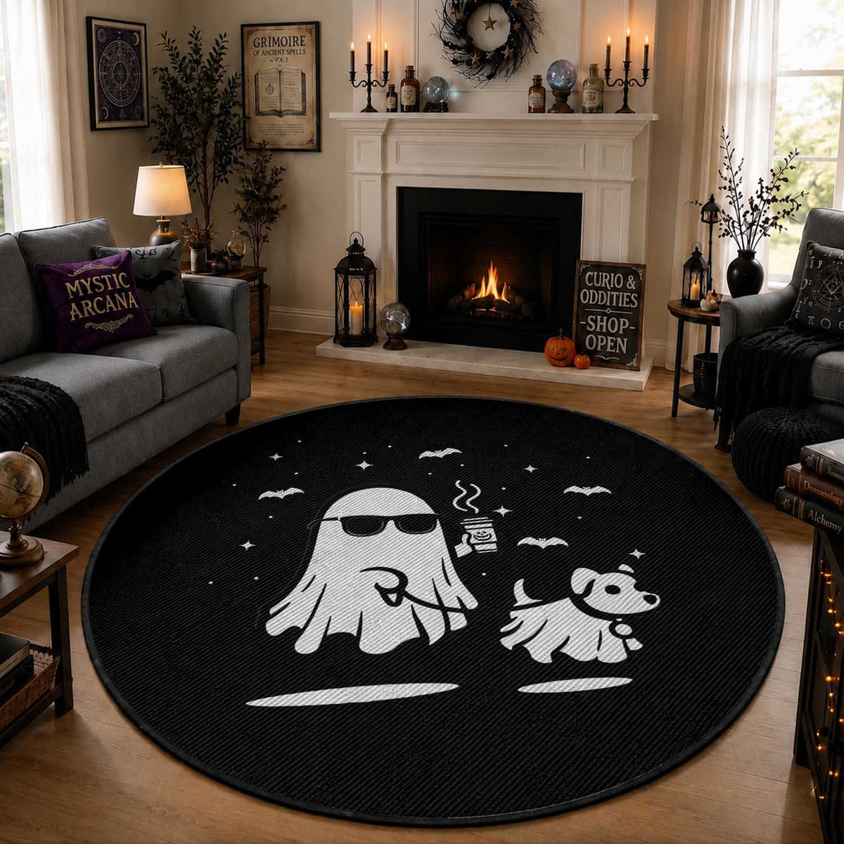 Halloween Ghost Dog Round Rug Retro Spooky Season Boo Sheet