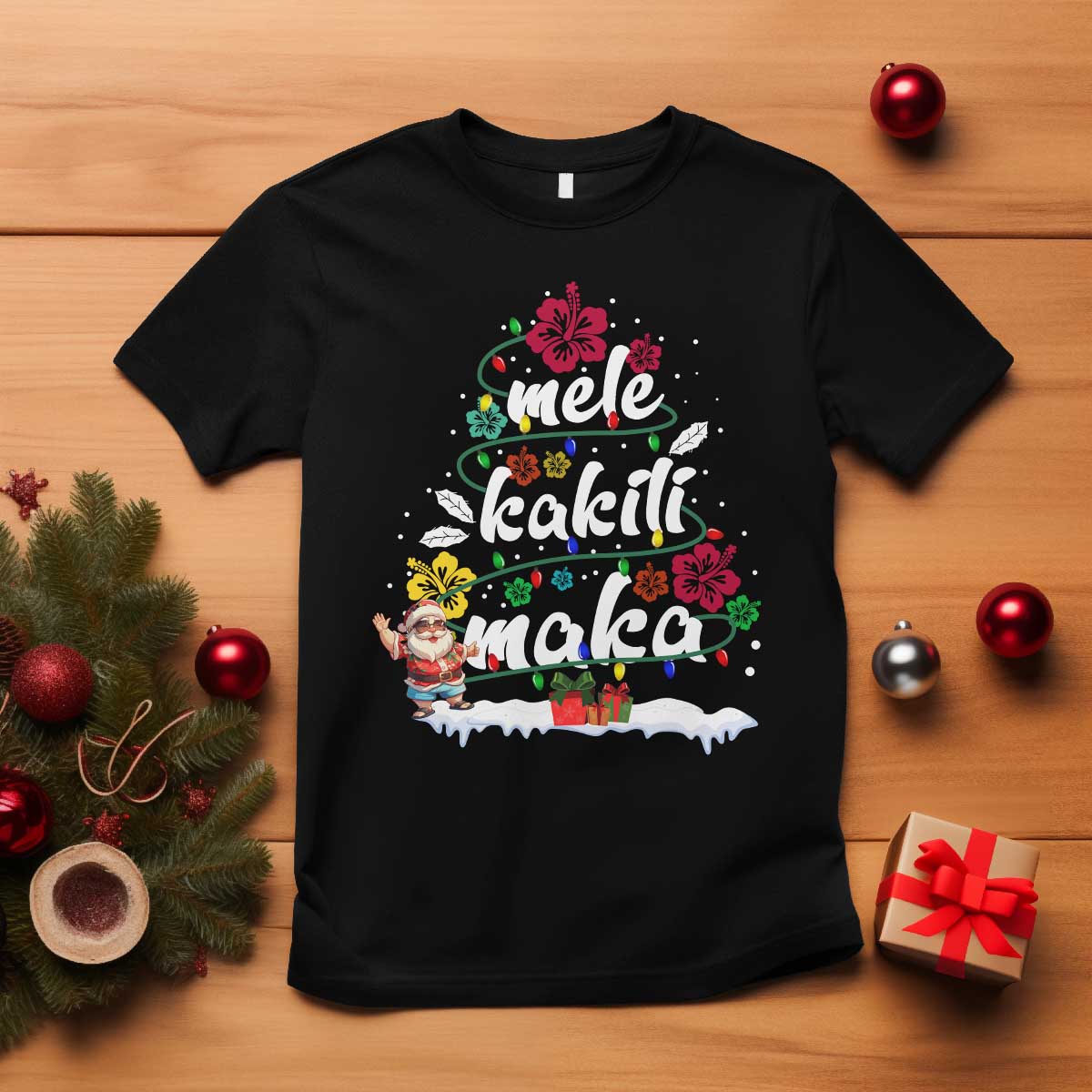 Hawaiian Christmas Tree T Shirt Mele Kalikimaka Beach Family Vacation Xmas Hawaii Santa TS10 Black Print Your Wear