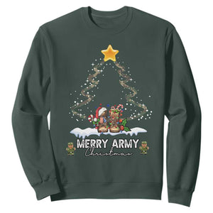 Merry Army Christmas Sweatshirt Military Family Veteran Xmas Gift Camo Boots TS10 Dark Forest Green Print Your Wear