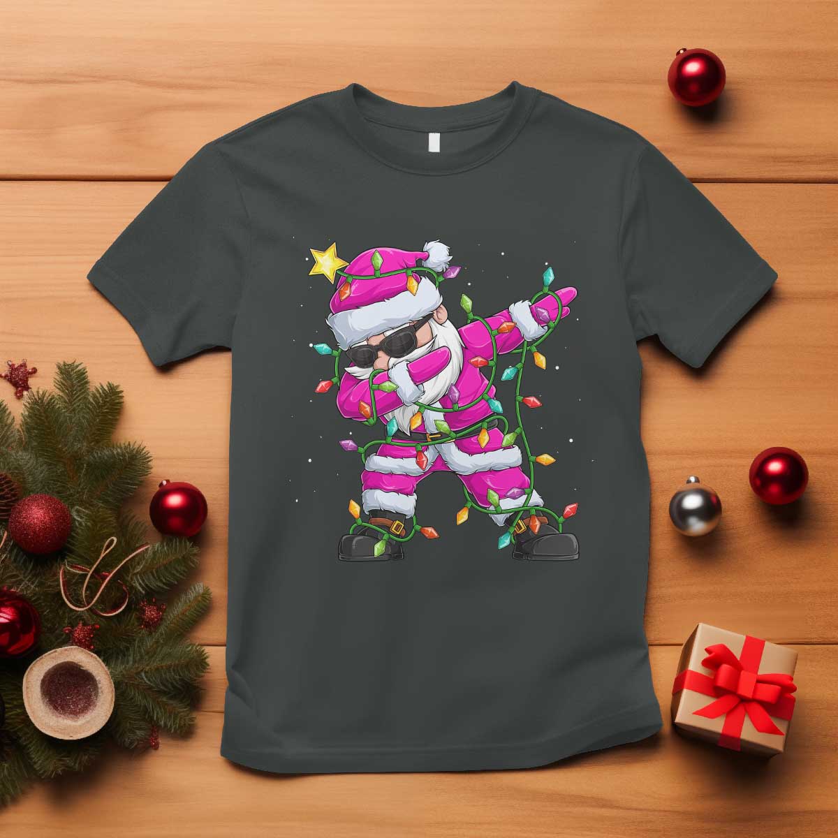 Dabbing Santa T Shirt Xmas Lights Pink Christmas Gifts TS10 Dark Heather Print Your Wear
