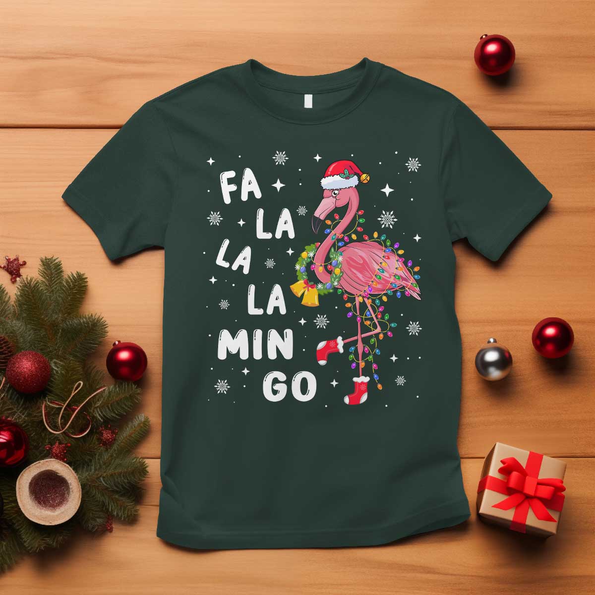Christmas Flamingo T Shirt Hawaii Christmas Xmas Lights Tree TS10 Dark Forest Green Print Your Wear