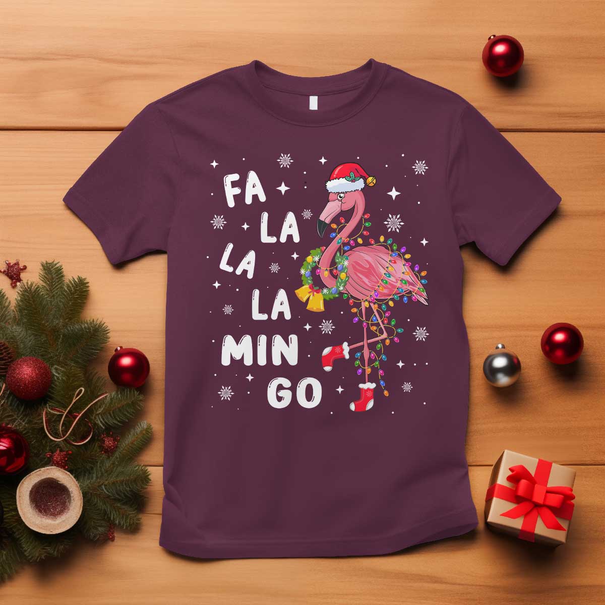 Christmas Flamingo T Shirt Hawaii Christmas Xmas Lights Tree TS10 Maroon Print Your Wear