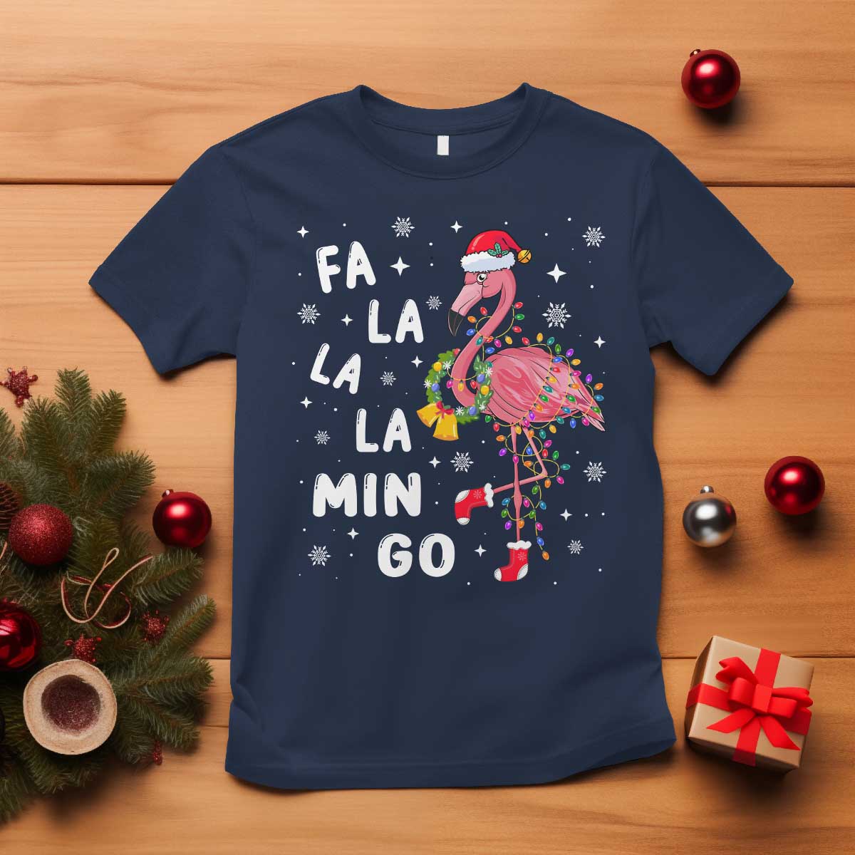 Christmas Flamingo T Shirt Hawaii Christmas Xmas Lights Tree TS10 Navy Print Your Wear