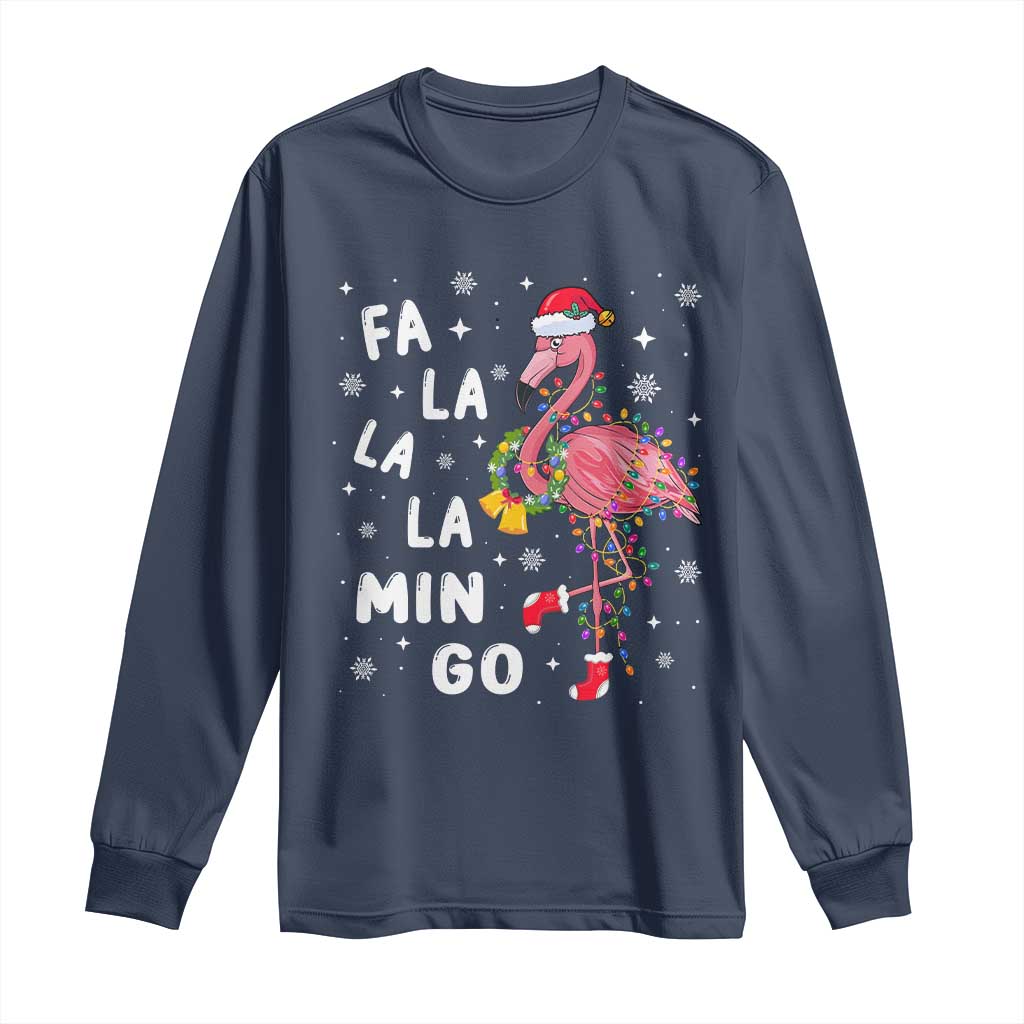 Christmas Flamingo Long Sleeve Shirt Hawaii Christmas Xmas Lights Tree TS10 Navy Print Your Wear