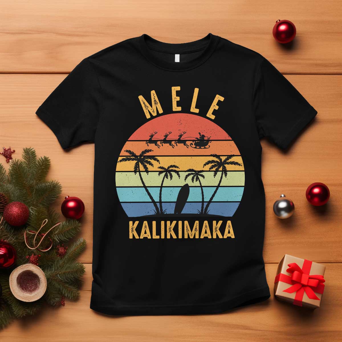 Mele Kalikimaka Hawaiian Christmas T Shirt Retro Hawaii Island Palm Beach Surfboard Surf Xmas Family TS10 Black Print Your Wear