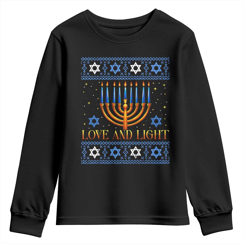 Ugly Hanukkah Youth Sweatshirt Love and Light Jew Menorah Jewish Chanukah TS10 Black Print Your Wear