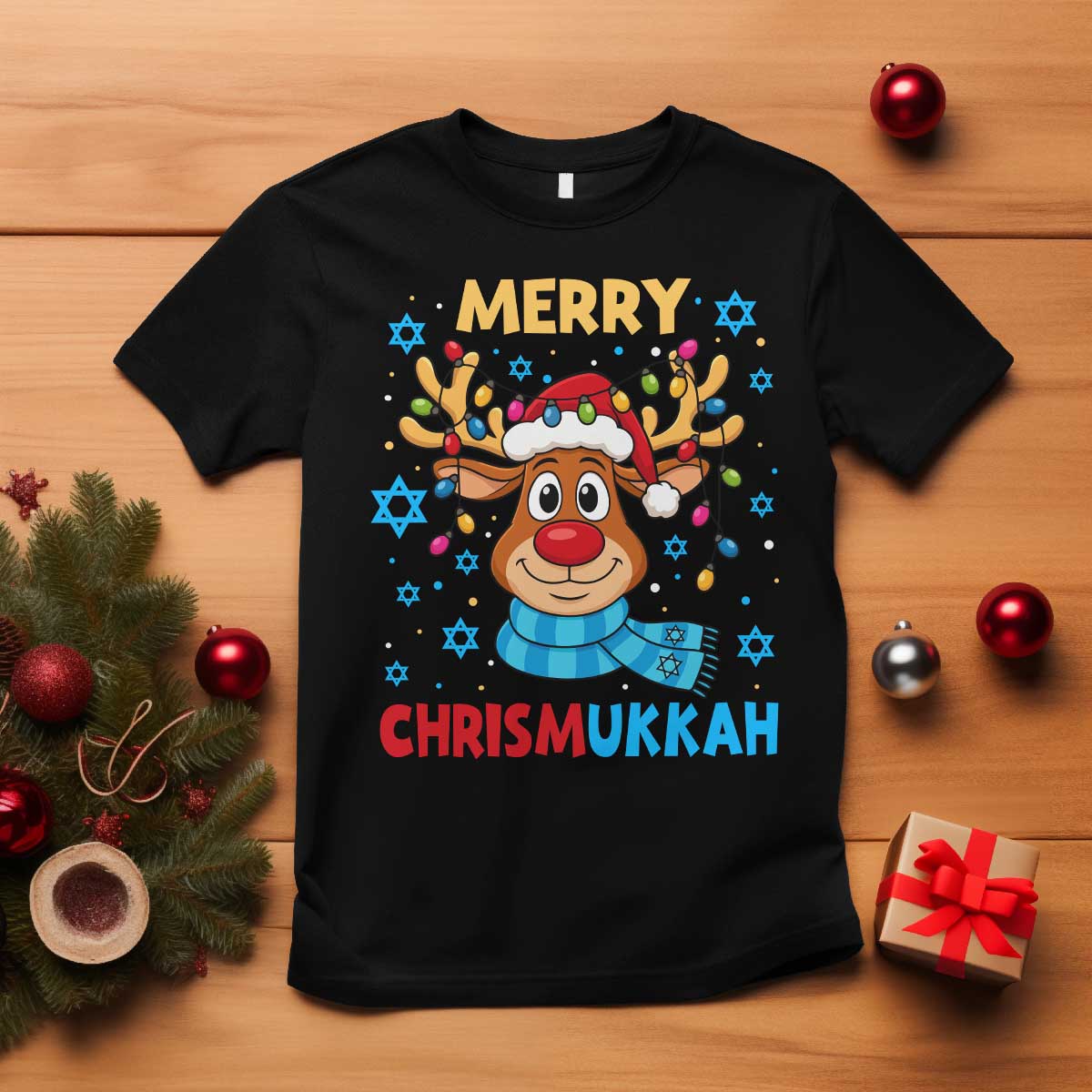 Merry Chrismukkah T Shirt Jewish Happy Christmas Hanukkah Reindeer Menorah TS10 Black Print Your Wear