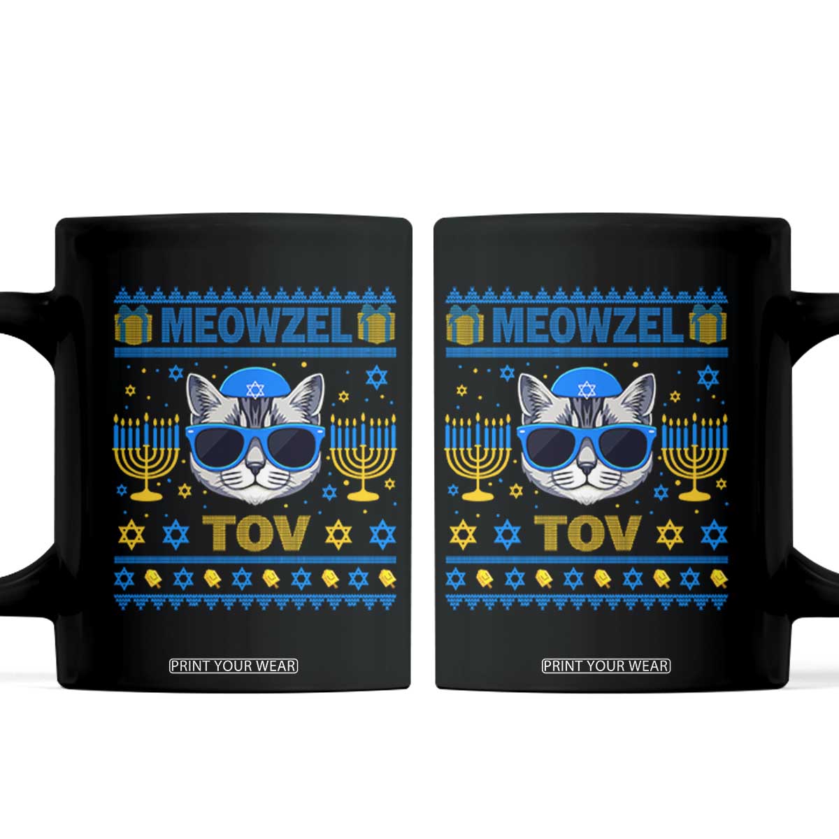 Cat Hanukkah Coffee Mug Meowzel Tov Jewish Cat Owner Ugly Chanukah TS10 Black Print Your Wear