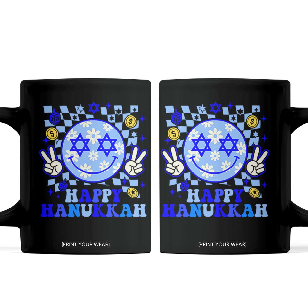 Happy Hanukkah Coffee Mug Groovy Star Of David Smile Face Chanukah Pajama TS10 Black Print Your Wear