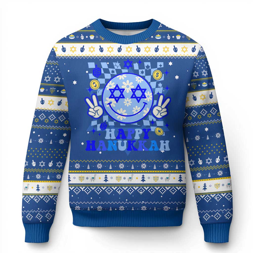 Happy Hanukkah Hanukkah Ugly Sweater Groovy Star Of David Smile Face Chanukah Pajama TS10 Blue White Print Your Wear