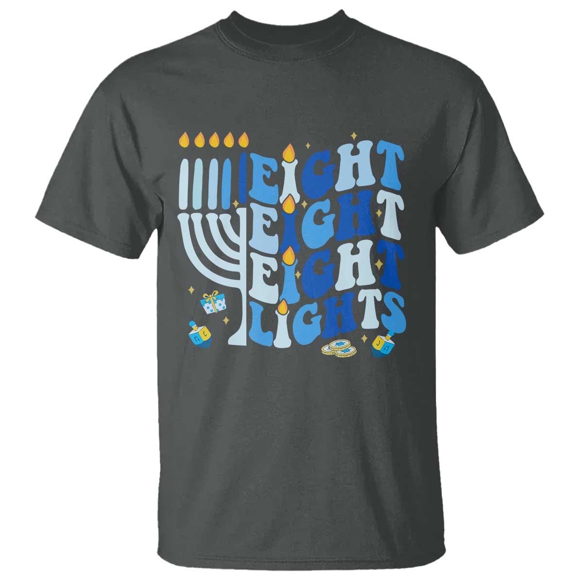 Happy Hanukkah T Shirt Retro Groovy Eight Nights and Eight Lights TS10 Dark Heather Print Your Wear