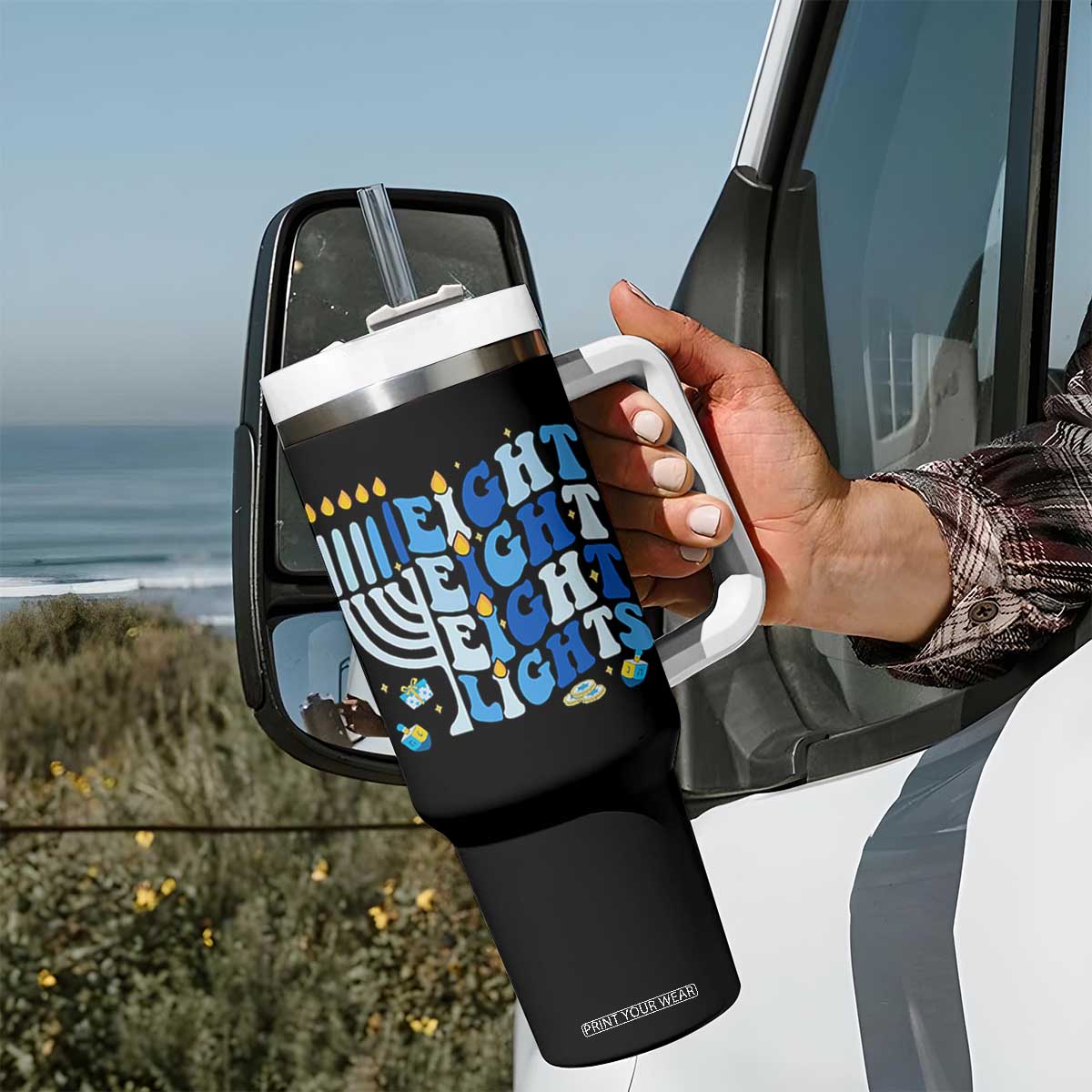 Happy Hanukkah Tumbler With Handle Retro Groovy Eight Nights and Eight Lights TS10 Print Your Wear
