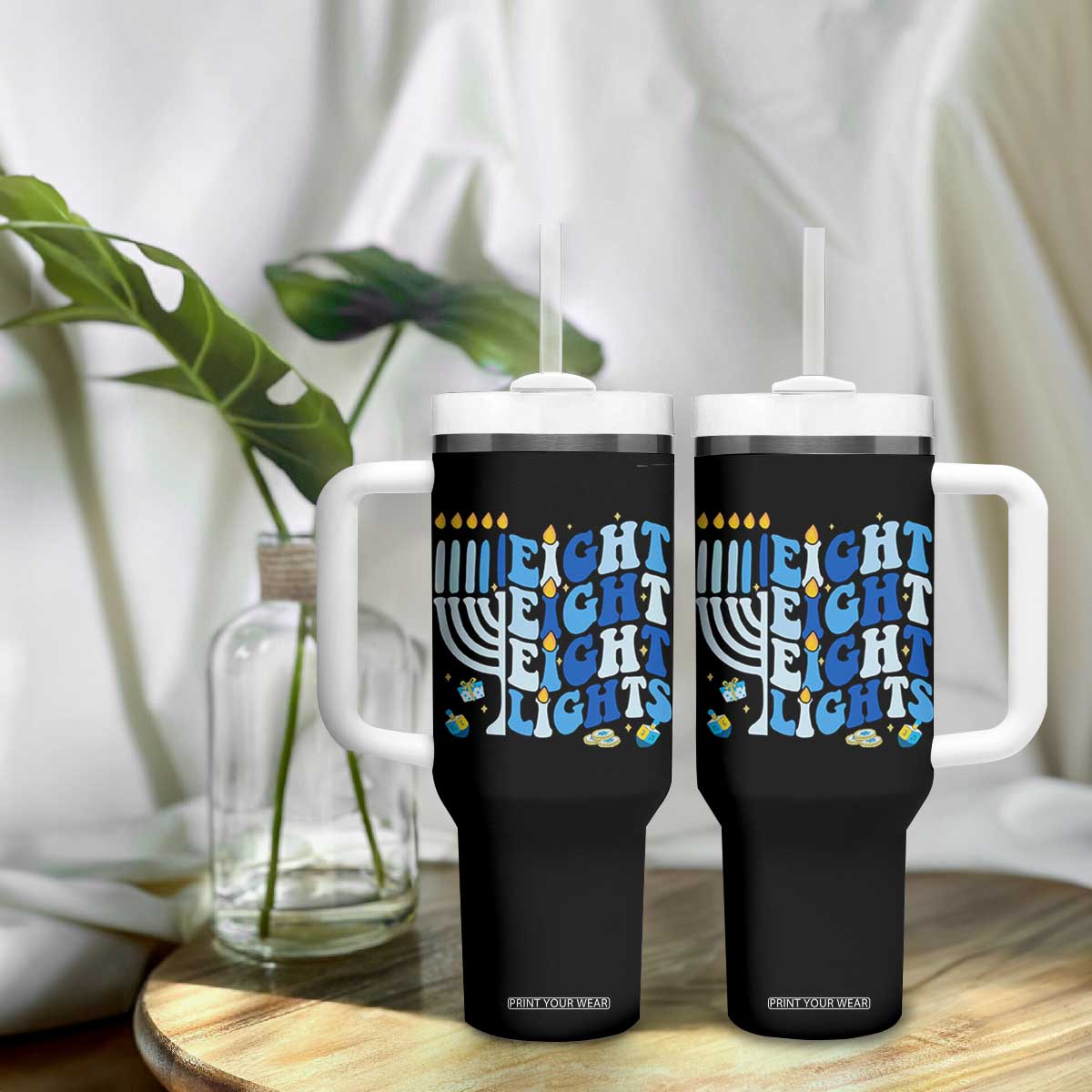 Happy Hanukkah Tumbler With Handle Retro Groovy Eight Nights and Eight Lights TS10 Print Your Wear
