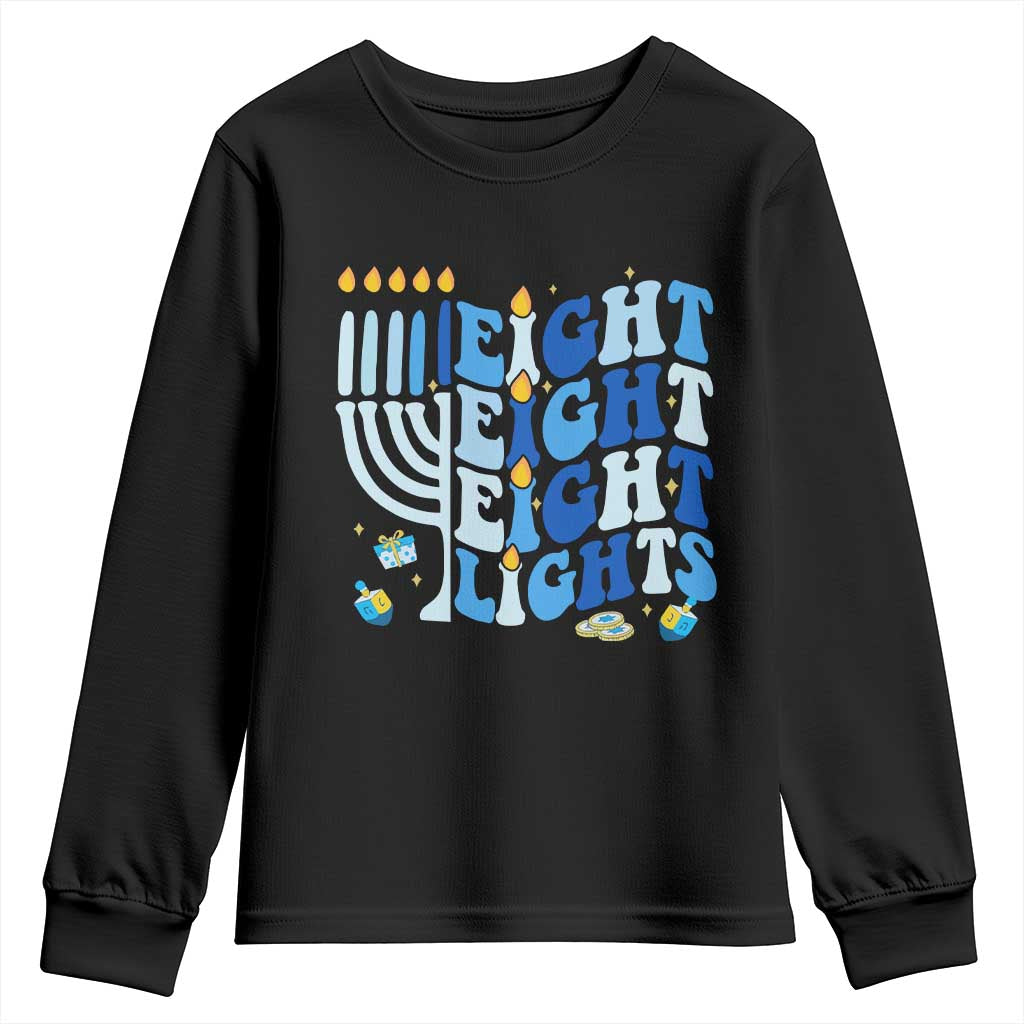 Happy Hanukkah Youth Sweatshirt Retro Groovy Eight Nights and Eight Lights TS10 Black Print Your Wear