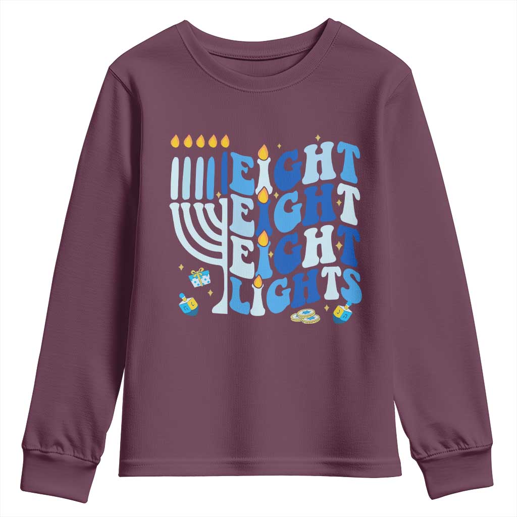 Happy Hanukkah Youth Sweatshirt Retro Groovy Eight Nights and Eight Lights TS10 Maroon Print Your Wear