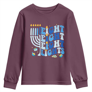 Happy Hanukkah Youth Sweatshirt Retro Groovy Eight Nights and Eight Lights TS10 Maroon Print Your Wear