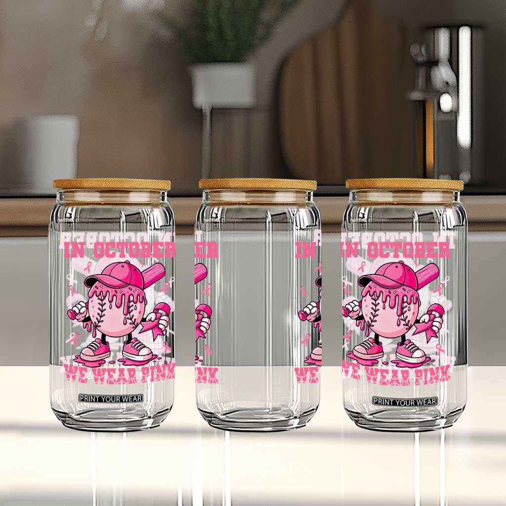 Baseball Breast Cancer Glass Can In October We Wear Pink Baseball Drip TS10 Print Your Wear